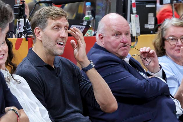 Dirk Nowitzki und Praesident Ingo Weiss (Deutscher Basketball Bund) look dejected during the FIBA Women s Basketball World Cup Germany 2026 semifinals match between France and Germany at Berlin Arena on September 12, 2026 in Berlin, Germany. (Photo by Marco Steinbrenner DeFodi Images) -