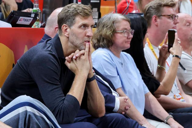 Dirk Nowitzki looks dejected during the FIBA Women s Basketball World Cup Germany 2026 semifinals match between France and Germany at Berlin Arena on September 12, 2026 in Berlin, Germany. (Photo by Marco Steinbrenner DeFodi Images) -
