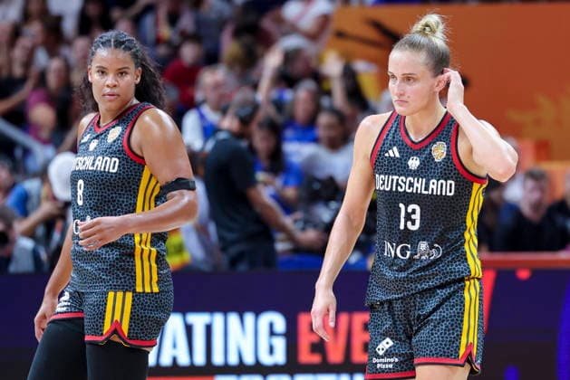 Nyara Sabally (Germany) und Leonie Fiebich (Germany) look dejected during the FIBA Women s Basketball World Cup Germany 2026 semifinals match between France and Germany at Berlin Arena on September 12, 2026 in Berlin, Germany. (Photo by Marco Steinbrenner DeFodi Images) -