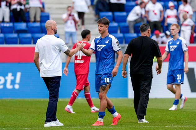 v.li.: Christian Ilzer (Trainer, Cheftrainer, Hoffenheim), Adam Hlozek (Hoffenheim, 10), Spieler der TSG 1899 Hoffenheim, Jubel nach dem Schlusspfiff, Freude über den Sieg, Sieger, Gewinner, jubelt, jubeln, fröhlich, positiv, freut sich, freuen, optimistisch, Highlight, Action, Aktion, 12.09.2026, Sinsheim (Deutschland), Fussball, Bundesliga, TSG 1899 Hoffenheim - VfB Stuttgart, DFB DFL REGULATIONS PROHIBIT ANY USE OF PHOTOGRAPHS AS IMAGE SEQUENCES AND OR QUASI-VIDEO. *** v li Christian Ilzer, Coach, Head Coach, Hoffenheim; Adam Hlozek, Hoffenheim, 10, player for TSG 1899 Hoffenheim, Celebration after the final whistle, joy over the victory, winners, celebrating, cheerful, positive, happy, optimistic, highlight, action, September 12, 2026, Sinsheim, Germany, soccer, Bundesliga, TSG 1899 Hoffenheim vs. VfB Stuttgart, DFB and DFL regulations prohibit any use of photographs as image sequences and or quasi-video xozx