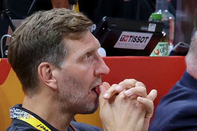 Dirk Nowitzki looks dejected during the FIBA Women s Basketball World Cup Germany 2026 semifinals match between France and Germany at Berlin Arena on September 12, 2026 in Berlin, Germany. (Photo by Marco Steinbrenner DeFodi Images) -