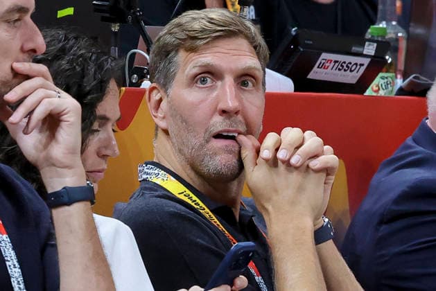Dirk Nowitzki looks dejected during the FIBA Women s Basketball World Cup Germany 2026 semifinals match between France and Germany at Berlin Arena on September 12, 2026 in Berlin, Germany. (Photo by Marco Steinbrenner DeFodi Images) -