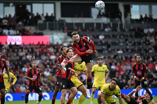 12th September 2026; Vitality Stadium, Bournemouth, England; Premier League Football, Bournemouth versus Brentford; Adam Smith of AFC Bournemouth heads the ball clear SimonxWest