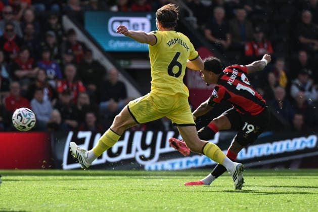 12th September 2026; Vitality Stadium, Bournemouth, England; Premier League Football, Bournemouth versus Brentford; Justin Kluivert of AFC Bournemouth takes a shot at goal under pressure from Yegor Yarmolyuk of Brentford FC SimonxWest