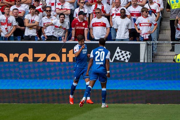 Fussball: 1. Bundesliga, 3. Spieltag, TSG Hoffenheim - VfB Stuttgart am 12.09.2026 in Sinsheim (SNP Arena), Deutschland, Saison 2026 2027: Max Moerstedt (TSG Hoffenheim, 9) BambasÃ ContÃ Conte (TSG Hoffenheim, 20) Tor 1:0 Jubel Torjubel Sinsheim SNP Arena Deutschland *** Soccer, Bundesliga 1, Matchday 3: TSG Hoffenheim vs. VfB Stuttgart on September 12, 2026, at the SNP Arena in Sinsheim, Germany, 2026–2027 season, Max Moerstedt (TSG Hoffenheim), 9 Bambasá Contá Conte (TSG Hoffenheim), 20 goals, 1–0, goal celebration, Sinsheim SNP Arena, Germany Copyright: xPhilippxImhofx