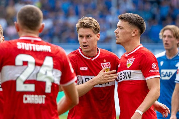 Fussball: 1. Bundesliga, 3. Spieltag, TSG Hoffenheim - VfB Stuttgart am 12.09.2026 in Sinsheim (SNP Arena), Deutschland, Saison 2026 2027: Ramon Hendriks (VfB Stuttgart, 3) Dzenan Pejcinovic (VfB Stuttgart, 17) Sinsheim SNP Arena Deutschland *** Soccer, Bundesliga 1, Matchday 3, TSG Hoffenheim vs. VfB Stuttgart on September 12, 2026, at the SNP Arena in Sinsheim, Germany, 2026–2027 season, Ramon Hendriks (VfB Stuttgart), 3 Dzenan Pejcinovic, VfB Stuttgart, 17 Sinsheim SNP Arena, Germany Copyright: xPhilippxImhofx