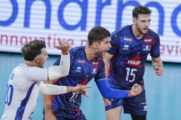 Turkiye v France - CEV EuroVolley 2026 Men CLUJ-NAPOCA, ROMANIA - SEPTEMBER 12: Players of France celebrate after a point during the CEV EuroVolley 2026 match between Turkiye and France at the BTarena in Cluj-Napoca, Romania, on September 12, 2026. Osmancan Gurdogan Anadolu Cluj-napoca Romania. Editorial use only. Please get in touch for any other usage.  Copyright: x2026xAnadoluxOsmancanxGurdoganx