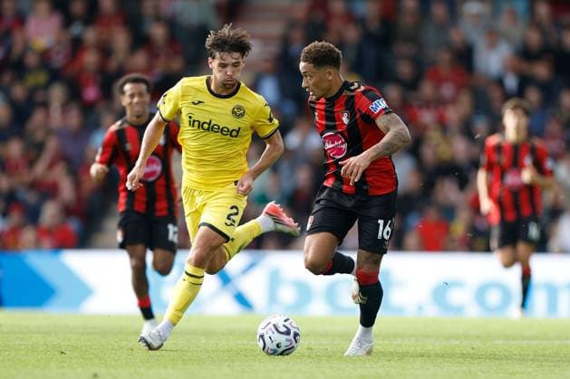 Marcus Tavernier of Bouremouth is pressured by Aaron Hickey of Brentford AFC Bournemouth v Brentford, Premier League, Football, Football, Vitality Stadium, Bournemouth, UK - 12 Sep 2026Bournemouth Vitality Stadium United Kingdom EDITORIAL USE ONLY No use with unauthorised audio, video, data, fixture lists, club league logos or live services. Online in-match use limited to 120 images, no video emulation. No use in betting, games or single club league player publications.  Copyright: xWillxCooper Shutterstockx 17144545ap