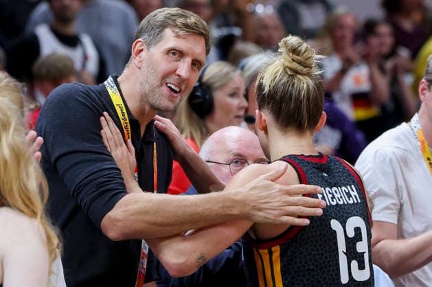 Dirk Nowitzki und Leonie Fiebich (Germany) hugh each other during the FIBA Women s Basketball World Cup Germany 2026 semifinals match between France and Germany at Berlin Arena on September 12, 2026 in Berlin, Germany. (Photo by Marco Steinbrenner DeFodi Images) -