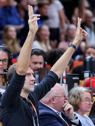 Dirk Nowitzki cheers during the FIBA Women s Basketball World Cup Germany 2026 semifinals match between France and Germany at Berlin Arena on September 12, 2026 in Berlin, Germany. (Photo by Marco Steinbrenner DeFodi Images) -
