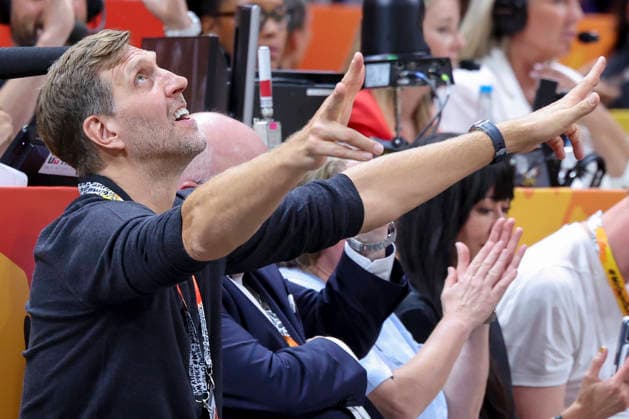 Dirk Nowitzki cheers during the FIBA Women s Basketball World Cup Germany 2026 semifinals match between France and Germany at Berlin Arena on September 12, 2026 in Berlin, Germany. (Photo by Marco Steinbrenner DeFodi Images) -