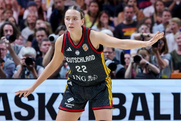 Emily Bessoir (Germany) gestures during the FIBA Women s Basketball World Cup Germany 2026 semifinals match between France and Germany at Berlin Arena on September 12, 2026 in Berlin, Germany. (Photo by Marco Steinbrenner DeFodi Images) -