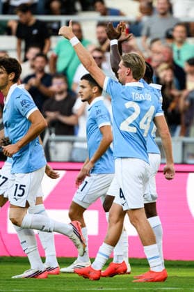 Kenneth Taylor of SS Lazio celebrates after Matteo Cancellieri (not pictured) scored the goal of 1-0 during the Serie A 2026 2027 football match between SS Lazio and AC Milan at Stadio Olimpico in Rome (Italy), September 12, 2026. AndreaxStaccioli