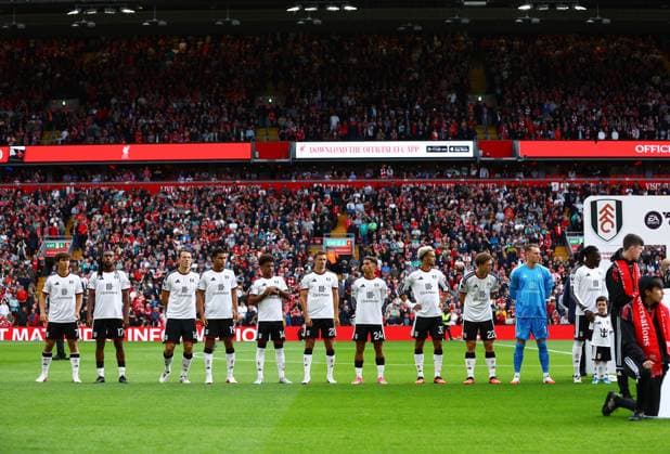 Fulham players line up ahead of the match Liverpool v Fulham, Premier League, Football, Football, Anfield, Liverpool, UK - 12 Sep 2026Liverpool Anfield United Kingdom EDITORIAL USE ONLY No use with unauthorised audio, video, data, fixture lists, club league logos or live services. Online in-match use limited to 120 images, no video emulation. No use in betting, games or single club league player publications.  Copyright: xMattxWest Shutterstockx 17144551cs