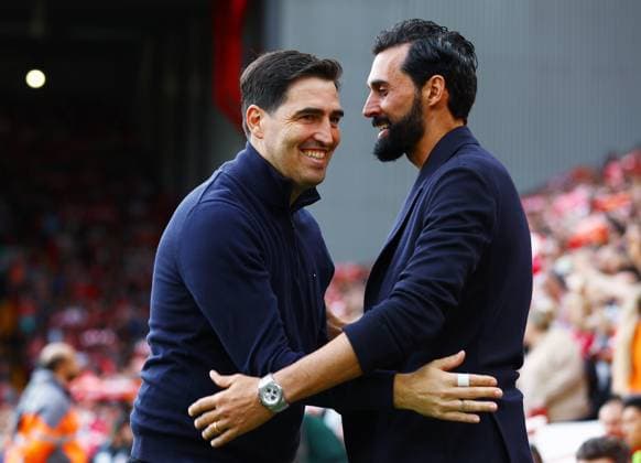 Fulham manager Alvaro Arbeloa with counterpart Andoni Iraola of Liverpool Liverpool v Fulham, Premier League, Football, Football, Anfield, Liverpool, UK - 12 Sep 2026Liverpool Anfield United Kingdom EDITORIAL USE ONLY No use with unauthorised audio, video, data, fixture lists, club league logos or live services. Online in-match use limited to 120 images, no video emulation. No use in betting, games or single club league player publications.  Copyright: xMattxWest Shutterstockx 17144551cu
