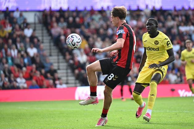 12th September 2026; Vitality Stadium, Bournemouth, England; Premier League Football, Bournemouth versus Brentford; Alex Scott of AFC Bournemouth tries to control the ball under pressure from El Hadji Malick Diouf of Brentford FC SimonxWest