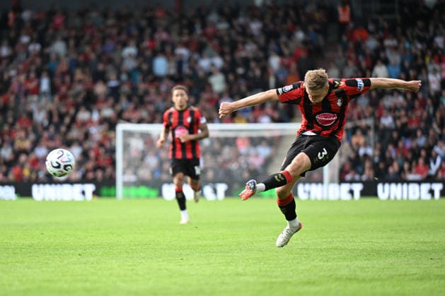 12th September 2026; Vitality Stadium, Bournemouth, England; Premier League Football, Bournemouth versus Brentford; Adrien Truffert of AFC Bournemouth takes a shot at goal SimonxWest