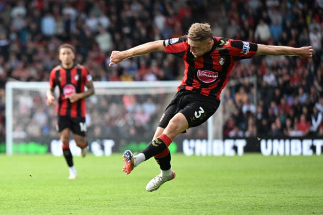 12th September 2026; Vitality Stadium, Bournemouth, England; Premier League Football, Bournemouth versus Brentford; Adrien Truffert of AFC Bournemouth sees his shot rebound off the crossbar SimonxWest