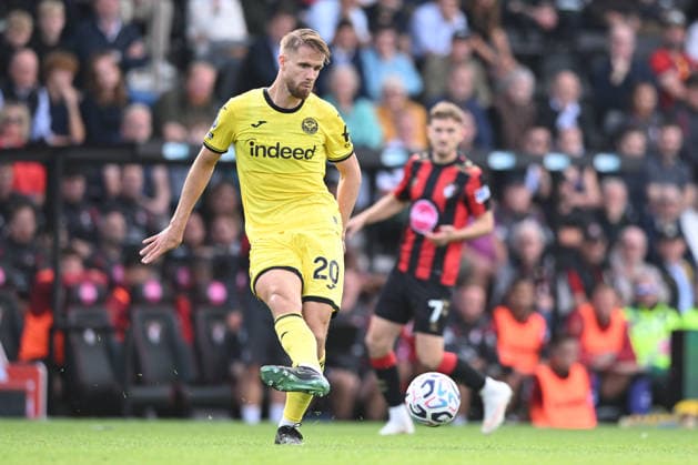 12th September 2026; Vitality Stadium, Bournemouth, England; Premier League Football, Bournemouth versus Brentford; Kristoffer Ajer of Brentford FC passes SimonxWest