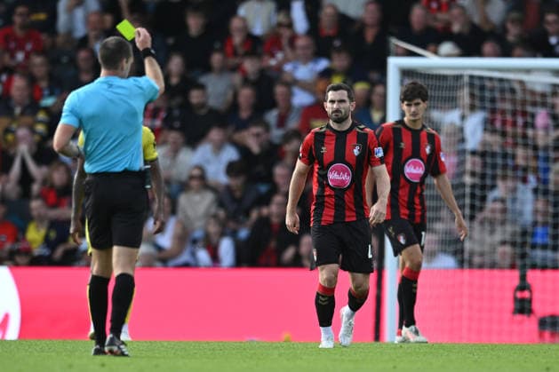 12th September 2026; Vitality Stadium, Bournemouth, England; Premier League Football, Bournemouth versus Brentford; referee Jarred Gillett shows a yellow card to Lewis Cook of AFC Bournemouth SimonxWest