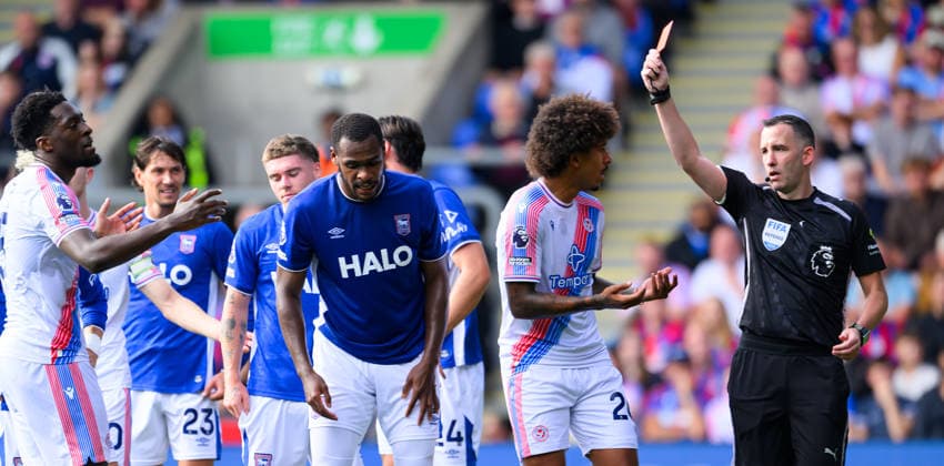 Crystal Palace v Ipswich Town Premier League Match Referee Chris Kavanagh shows a red card to Axel Disasi (left) of Crystal Palace during the Premier League match at Selhurst Park, London 12 09 2026 UK Newspapers OUT Copyright: xGraemexWilcocksonx FIL-23935-0124