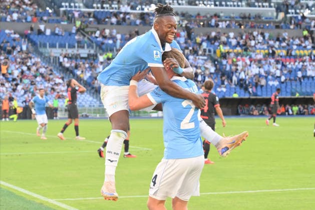 Foto IPP Luciano Adriani Roma 12 09 2026 Campionato di calcio Serie A Tim 2026-20267 Lazio vs Milan Nella foto: l’ esultanza di Tijjani Noslin con Kenneth Taylor, i due autori delle reti Italy Photo Press - World Copyright Roma italy Italia ITALY  Copyright: xR4924_italyphotopressx
