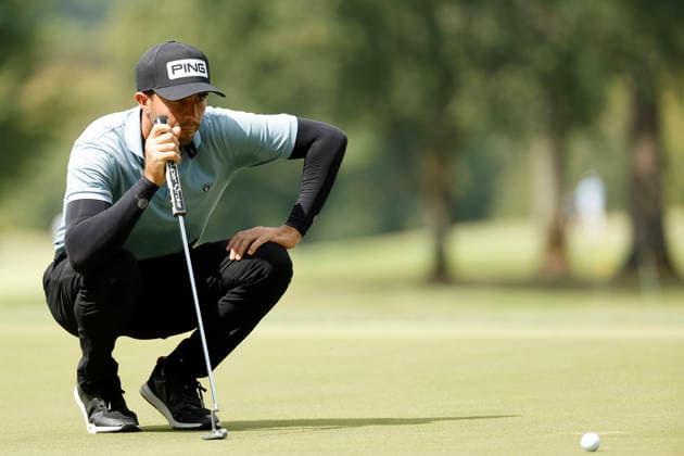 FRANKLIN, TN - SEPTEMBER 12: Alvaro Ortiz squats down to read a putt during the third round of the Simmons Bank Open for the Snedeker Foundation, September 12, 2026, at Vanderbilt Legends Club in Franklin, Tennessee. (Photo by Matthew Maxey Icon Sportswire) GOLF: SEP 12 Korn Ferry Tour Simmons Bank Open EDITORIAL USE ONLY Icon260912006