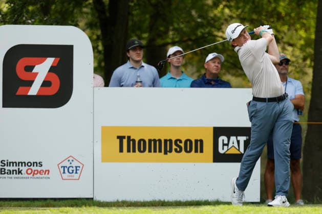 FRANKLIN, TN - SEPTEMBER 12: Sandy Scott watches his tee shot from the No. 8 tee box during the third round of the Simmons Bank Open for the Snedeker Foundation, September 12, 2026, at Vanderbilt Legends Club in Franklin, Tennessee. (Photo by Matthew Maxey Icon Sportswire) GOLF: SEP 12 Korn Ferry Tour Simmons Bank Open EDITORIAL USE ONLY Icon260912007
