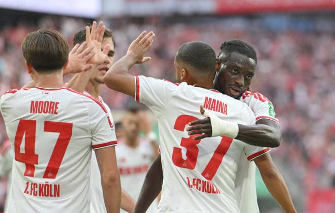 Jubel Linton Maina (1. FC Köln) nach seinem Tor zum 1:0, (l-r) Mikey Moore (1. FC Köln), Thijs Dallinga (1. FC Köln), Linton Maina (1. FC Köln), Gideon Mensah (1. FC Köln), Fussball 1. Bundesliga, 3.Spieltag, 1. FC Koeln - SV Werder Bremen, am 12.09.2026 in Koeln Deutschland. DFL regulations prohibit any use of photographs as image sequences and or quasi-video Â *** Linton Maina of 1. FC Köln celebrates after scoring the 1-0 goal; from left to right: Mikey Moore of 1. FC Köln, Thijs Dallinga of 1. FC Köln, Linton Maina of 1. FC Köln, Gideon Mensah of 1. FC Köln; Soccer, Bundesliga, Matchday 3, 1. FC Köln vs. SV Werder Bremen, on September 12, 2026, in Cologne, Germany. DFL regulations prohibit any use of photographs as image sequences and or quasi-video.