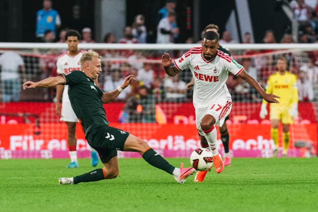 12.09.2026, xjmrgnx, Fussball 1.Bundesliga, 1.FC Koeln - SV Werder Bremen v.l. Zweikampf zwischen Marco Grüll (17, Bremen) und Linton Maina (37, Koeln) (DFL DFB REGULATIONS PROHIBIT ANY USE OF PHOTOGRAPHS as IMAGE SEQUENCES and or QUASI-VIDEO) Koeln *** September 12, 2026, xjmrgnx, Soccer, Bundesliga 1, 1. FC Köln vs. SV Werder Bremen: A tackle between Marco Grüll (17), Bremen, and Linton Maina (37), Köln. DFL and DFB regulations prohibit any use of photographs as image sequences and or quasi-video. Köln