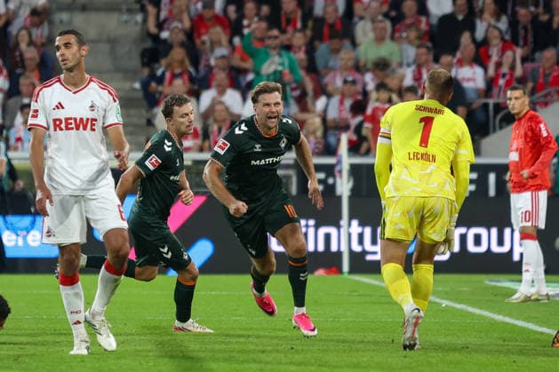 12.09.2026, GER, Fussball, Herren, Bundesliga , 1. Bundesliga, Saison 2026 2027, 1. FC Köln - SV Werder Bremen Niclas Füllkrug (SVW)Torjubel, jubelt nach seinem Treffer zum 1:1 *** September 12, 2026, Germany, Soccer, Men s, Bundesliga, 1. Bundesliga, 2026–2027 Season, 1. FC Köln vs. SV Werder Bremen, Niclas Füllkrug (SVW) celebrates his goal, which tied the score at 1–1 Copyright: xSvenxHanischx