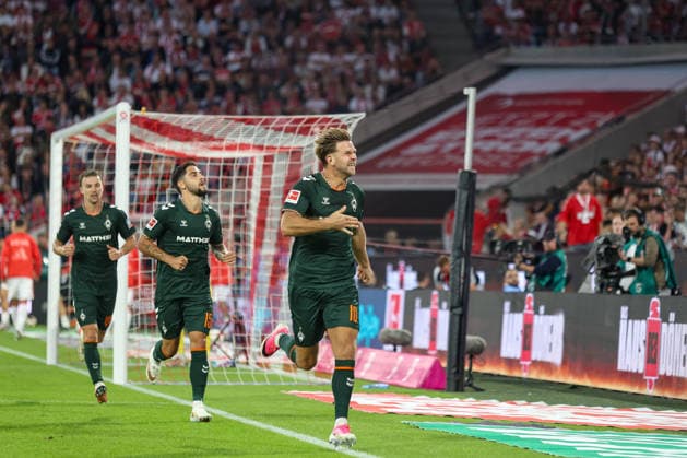 12.09.2026, GER, Fussball, Herren, Bundesliga , 1. Bundesliga, Saison 2026 2027, 1. FC Köln - SV Werder Bremen Niclas Füllkrug (SVW)Torjubel, jubelt nach seinem Treffer zum 1:1 *** September 12, 2026, Germany, Soccer, Men s, Bundesliga, 1. Bundesliga, 2026–2027 Season, 1. FC Köln vs. SV Werder Bremen, Niclas Füllkrug (SVW) celebrates his goal, which tied the score at 1–1 Copyright: xSvenxHanischx