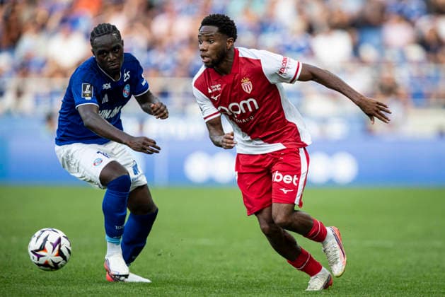 FOOTBALL: RC Strasbourg Alsace v AS Monaco Matchday 4 Ligue 1 McDonald s - 12 09 2026 Stanis Idumbo 17 (AS Monaco) et Mathis Amougou 16 (Racing de Strasbourg) StrasbourgFrance  Copyright: xx