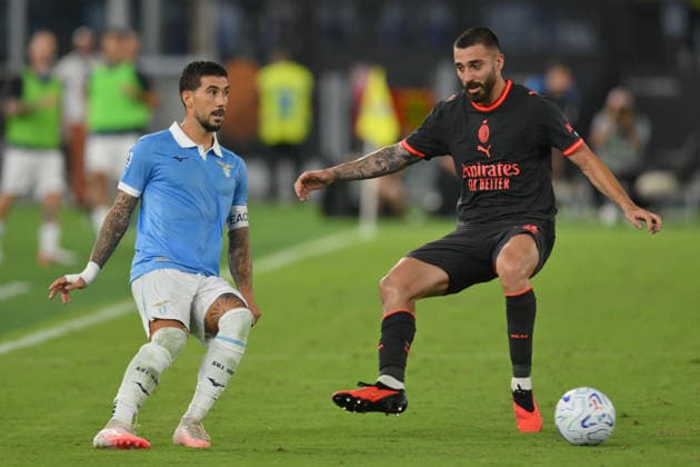 IPA88449737 - Mattia Zaccagni of Lazio under pressure from Mario Gila of Milan during the UEFA Champions League soccer match between Lazio and Milan at the Olimpico Stadium on September 12, 2026, in Lazio and Milan, during the SS Lazio vs. AC Milan Italian Serie A soccer match in Rome, Italy, on September 12, 2026  Copyright: xRobertoxRamaccia IPAxSportx xx IPA88449737