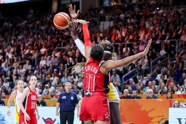 Napheesa Collier (USA) und Awa Fam (Spain) battle for the ball during the FIBA Women s Basketball World Cup Germany 2026 semifinal match between Spain and United States at Berlin Arena on September 12, 2026 in Berlin, Germany. (Photo by Marco Steinbrenner DeFodi Images) -