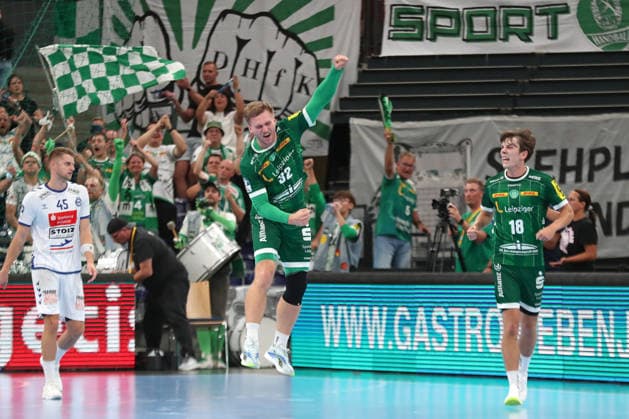 Handball, HBL2: SC DHfK Leipzig - VfL Lübeck-Schwartau; 12.09.2026 Franz Semper (32, SC DHfK Leipzig) springt beim Tor-Jubel vor Freude in die Luft. Emotionen. Handball, 2. Bundesliga, Saison 2026 2027, 3. Spieltag: SC DHfK Leipzig vs. VfL Lübeck-Schwartau am 12.09.2026 in der Quarterback Immobilien Arena Leipzig. Copyright: xBEAUTIFULxSPORTS JanxKaeferx