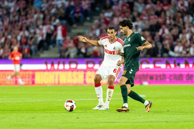 Ellyes Skhiri (1.FC Koeln, 06) im Zweikampf mit Eren Dinkci (SV Werder Bremen, 18) 1.FC Köln vs. SV Werder Bremen, Fussball, Bundesliga, 3.Spieltag, Saison 2026 27, 12.09.2026, DFL REGULATIONS PROHIBIT ANY USE OF PHOTOGRAPHS AS IMAGE SEQUENCES AND OR QUASI-VIDEO, 1.FC Köln vs. SV Werder Bremen, Fussball, Bundesliga, 3.Spieltag, Saison 2026 27, 12.09.2026 Köln *** Ellyes Skhiri (1. FC Köln), No. 06, in a tackle with Eren Dinkci (SV Werder Bremen), No. 18; 1. FC Köln vs. SV Werder Bremen, Soccer, Bundesliga, Matchday 3, 2026–27 Season, September 12, 2026, DFL regulations prohibit any use of photographs as image sequences and or quasi-video, 1. FC Köln vs. SV Werder Bremen, soccer, Bundesliga, Matchday 3, 2026–27 season, September 12, 2026, Cologne Copyright: xEibner-Pressefoto LukasxBaldygax EP_LBA