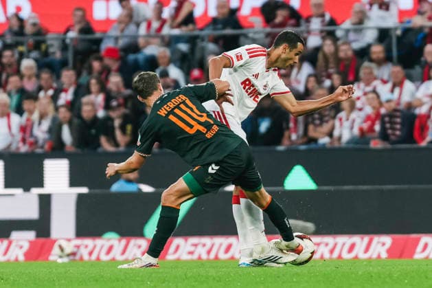 12.09.2026, xjmrgnx, Fussball 1.Bundesliga, 1.FC Koeln - SV Werder Bremen v.l. Zweikampf zwischen Youri Regeer (44, Bremen) und Ellyes Skhiri (6, Koeln) (DFL DFB REGULATIONS PROHIBIT ANY USE OF PHOTOGRAPHS as IMAGE SEQUENCES and or QUASI-VIDEO) Koeln *** September 12, 2026, xjmrgnx, Soccer, Bundesliga 1, 1 FC Cologne vs. SV Werder Bremen: A tackle between Youri Regeer (44), Bremen, and Ellyes Skhiri (6), Cologne. DFL and DFB regulations prohibit any use of photographs as image sequences and or quasi-video. Cologne