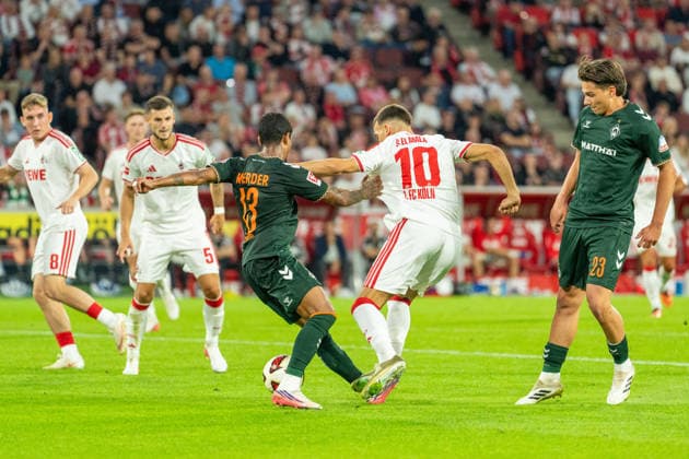 Arthur (SV Werder Bremen, 13) greift Said El Mala (1.FC Koeln, 10) im Strafraum an Dariusz Stalmach (SV Werder Bremen, 23) kommt dazu 1.FC Köln vs. SV Werder Bremen, Fussball, Bundesliga, 3.Spieltag, Saison 2026 27, 12.09.2026, DFL REGULATIONS PROHIBIT ANY USE OF PHOTOGRAPHS AS IMAGE SEQUENCES AND OR QUASI-VIDEO, 1.FC Köln vs. SV Werder Bremen, Fussball, Bundesliga, 3.Spieltag, Saison 2026 27, 12.09.2026 Köln *** Arthur (SV Werder Bremen, 13) attacks Said El Mala (1. FC Köln, 10) in the penalty area; Dariusz Stalmach (SV Werder Bremen, 23) joins the action. 1. FC Köln vs. SV Werder Bremen, Soccer, Bundesliga, Matchday 3, 2026–27 season, September 12, 2026. DFL regulations prohibit any use of photographs as image sequences and or quasi-video. 1 FC Köln vs. SV Werder Bremen, Soccer, Bundesliga, Matchday 3, 2026–27 Season, September 12, 2026, Cologne Copyright: xEibner-Pressefoto LukasxBaldygax EP_LBA