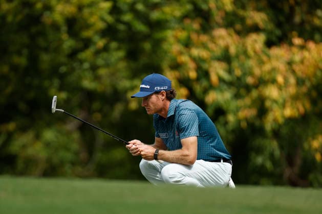 FRANKLIN, TN - SEPTEMBER 12: Drew Nesbitt squats to read a putt on the No. 7 green during the third round of the Simmons Bank Open for the Snedeker Foundation, September 12, 2026, at Vanderbilt Legends Club in Franklin, Tennessee. (Photo by Matthew Maxey Icon Sportswire) GOLF: SEP 12 Korn Ferry Tour Simmons Bank Open EDITORIAL USE ONLY Icon260912038