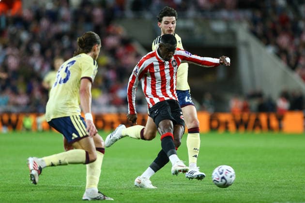 Stadium of Light SUNDERLAND, ENGLAND, SEPTEMBER 12: Nordi Mukiele of Sunderland AFC takes a shot during a Premier League 2026-27 Match between Sunderland AFC and Arsenal FC at the Stadium of Light on September 12, 2026 in Sunderland, England. (Photo by Zach Forster Sports Press Photo) (Zach Forster Sports Press Photo SPP)  Copyright: xZachxForster SportsxPressxPhotox xSPPx spp-en-ZaFoPrPh-spp26_zachf_1209_137