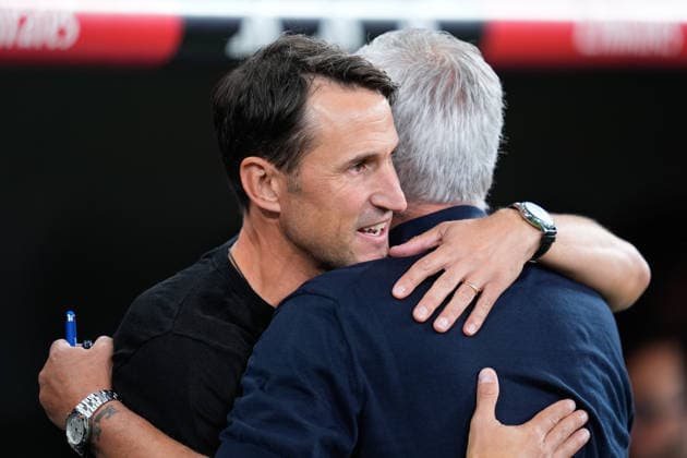 September 12, 2026, Madrid, Madrid, Spain: Benat San Jose, head coach of Rayo Vallecano, greets Jose Mourinho, head coach of Real Madrid, during the Spanish League, LaLiga EA Sports, football match played between Real Madrid and Rayo Vallecano at Bernabeu stadium on September 12, 2026, in Madrid, Spain. Real Madrid V Rayo Vallecano - LaLiga EA Sports  - ZUMAa181 20260912_zaa_a181_289 Copyright: xDennisxAgyemanx