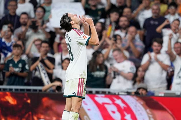 September 12, 2026, Madrid, Madrid, Spain: Alvaro Carreras of Real Madrid CF celebrates after scoring his team s second goal during the Spanish League, LaLiga EA Sports, football match played between Real Madrid and Rayo Vallecano at Bernabeu stadium on September 12, 2026, in Madrid, Spain. Madrid Spain - ZUMAa181 20260912_zaa_a181_285 Copyright: xOscarxJ.xBarrosox