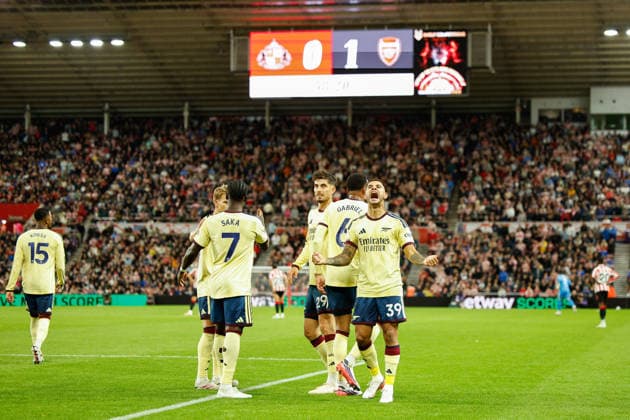 Sunderland v Arsenal, Premier League Bruno Guimaraes of Arsenal celebrates scoring his sides first goal of the match 0-1 during the Sunderland v Arsenal Premier League match at the Stadium of Light, Sunderland, England on 12 September 2026 Credit: Craig Cowan Every Second Media Editorial use only. All images are copyright Every Second Media Limited. No images may be reproduced without prior permission. All rights reserved. Premier League and Football League images are subject to licensing agreements with Football DataCo Limited. see https: www.football-dataco.com Copyright: xIMAGO EveryxSecondxMediax ESM-2157-0080 CraigxCowanx xEveryxSecondxMediax