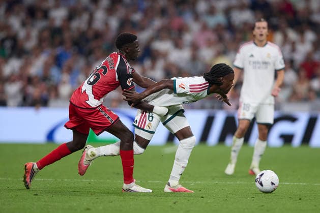 Eduardo Camavinga (Real Madrid CF) and Gnangoro Bouare (Rayo Vallecano) battle for the ball during the LaLiga EA Sports match between Real Madrid CF and Rayo Vallecano de Madrid at Estadio Santiago BernabÃ u on September 12, 2026 in Madrid, Spain. (Photo by Manu Reino DeFodi Images) - *** Eduardo Camavinga of Real Madrid CF and Gnangoro Bouare of Rayo Vallecano battle for the ball during the LaLiga EA Sports match between Real Madrid CF and Rayo Vallecano de Madrid at Estadio Santiago Bernabéu on September 12, 2026, in Madrid, Spain. Photo by Manu Reino, DeFodi Images