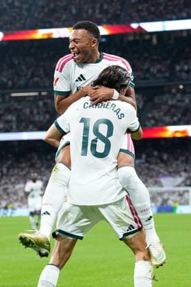 September 12, 2026, Madrid, Madrid, Spain: Alvaro Carreras of Real Madrid CF celebrates after scoring his team s second goal with teammate Kylian Mbappe of Real Madrid CF during the Spanish League, LaLiga EA Sports, football match played between Real Madrid and Rayo Vallecano at Bernabeu stadium on September 12, 2026, in Madrid, Spain. Madrid Spain - ZUMAa181 20260912_zaa_a181_315 Copyright: xDennisxAgyemanx