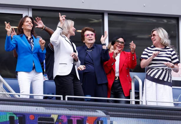 Tennis legend Billie Jean King waves as she watches the Women s Finals match in Arthur Ashe Stadium at the 2026 US Open Tennis Championship at the USTA Billie Jean King National Tennis Center in New York City on Saturday, September 12, 2026.  NYP20260912610 JOHNxANGELILLO