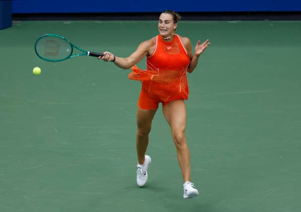 Aryna Sabalenka of Belarus hits a forehand return to Elena Rybakina of Kazakhstan in the second set of the Women s Finals match in Arthur Ashe Stadium at the 2026 US Open Tennis Championship at the USTA Billie Jean King National Tennis Center in New York City on Saturday, September 12, 2026.  NYP20260912849 COREYxSIPKIN