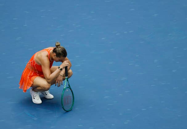 Aryna Sabalenka of Belarus reacts after losing a point to Elena Rybakina of Kazakhstan in the second set of the Women s Finals match in Arthur Ashe Stadium at the 2026 US Open Tennis Championship at the USTA Billie Jean King National Tennis Center in New York City on Saturday, September 12, 2026.  NYP20260912851 COREYxSIPKIN