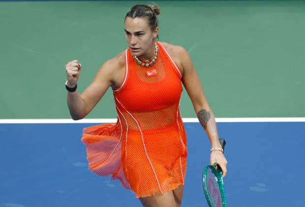 Aryna Sabalenka of Belarus reacts after winning a point to Elena Rybakina of Kazakhstan in the second set of the Women s Finals match in Arthur Ashe Stadium at the 2026 US Open Tennis Championship at the USTA Billie Jean King National Tennis Center in New York City on Saturday, September 12, 2026.  NYP20260912852 COREYxSIPKIN